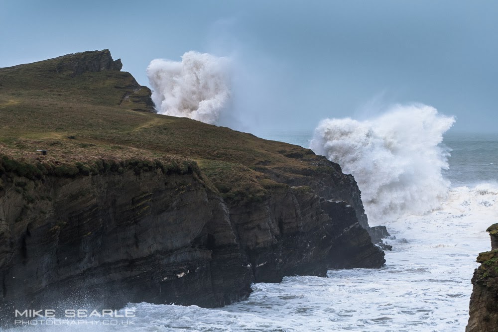 Giant waves explode near Porth Island near Newquay.